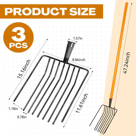 Three Sets Pitch Forks For Gardening With Long 47.2 Inch Hardwood Handles 9 Tine Wide Mulch Forks Heavy Duty Horse Stall Forks