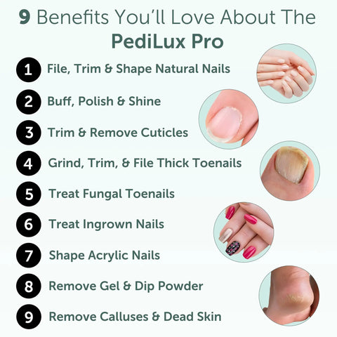 9 benefits of No Sweat Cordless Electric Nail File Drill Kit With Salon Grade Manicure Pedicure Set for nail care.