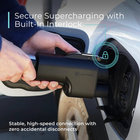 Connecting NACS To CCS EV Adapter With Interlock For CCS1 Fast Charging to non-Tesla electric vehicle, close-up view, UL 2252 Certified