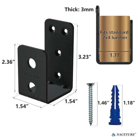 Built Tough 2x4 Door Barricade Brackets Set With Screws For Front Doors U Bracket Reinforcement Plates shown with dimensions