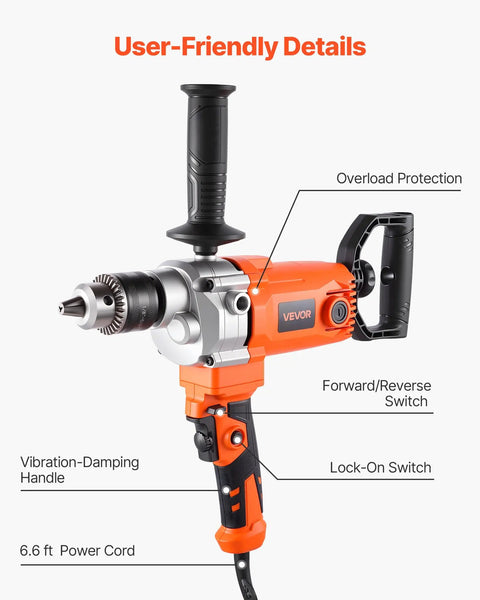 Corded Drill Mixer With 1200W Motor, Five Eighth Inch Chuck, 0 To 750 RPM, showing D handle and user-friendly details