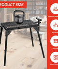 Rock Solid Heavy Duty Miter Saw Stand With Extension Rollers showing dimensions 46in long and 18.1in high, 300 lbs capacity, adjustable height.