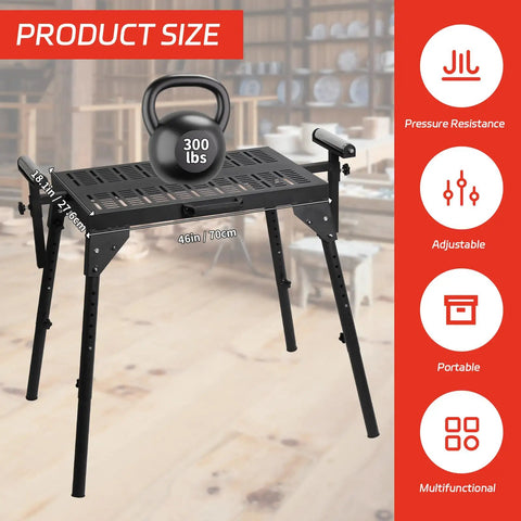 Rock Solid Heavy Duty Miter Saw Stand With Extension Rollers showing dimensions 46in long and 18.1in high, 300 lbs capacity, adjustable height.