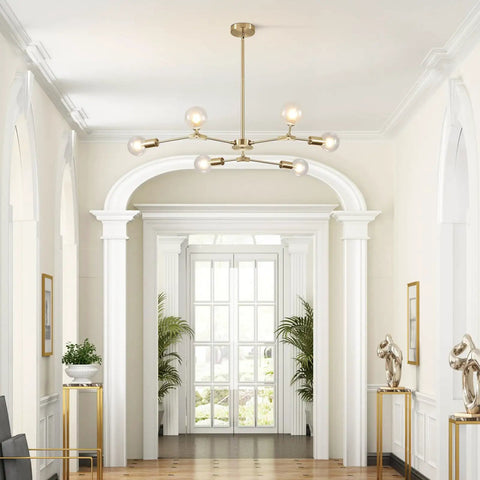 Modern Sputnik Chandelier In Brushed Brass With Six Light Gold Finish Hanging Pendant For Living Room