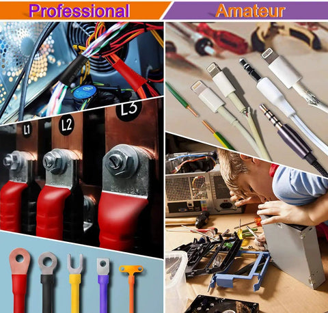 Comparison of professional vs amateur wiring using Heat Shrink Tubing Kit With Dope Assorted Colors And Sizes 650 Pieces Shrink Ratio 2 To 1