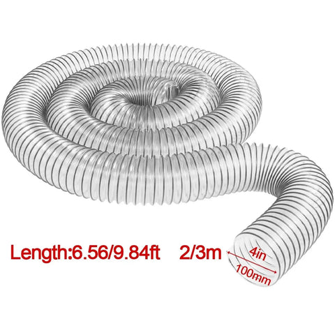 Flexible Bellows Hose for 100Mm Vacuums, clear PVC, coiled design, 6.56ft length, ideal for woodworking dust extraction.