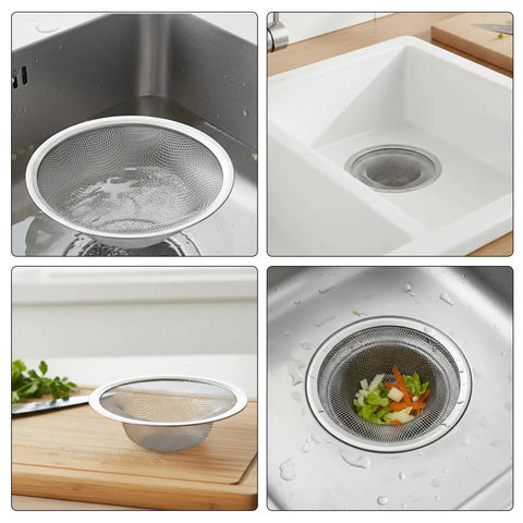 Heavy Duty Mesh Sink Strainers 40 Pack Stainless Steel Drain Screens Size 4 5 Inch Fits Kitchen Bathroom Sinks in use.