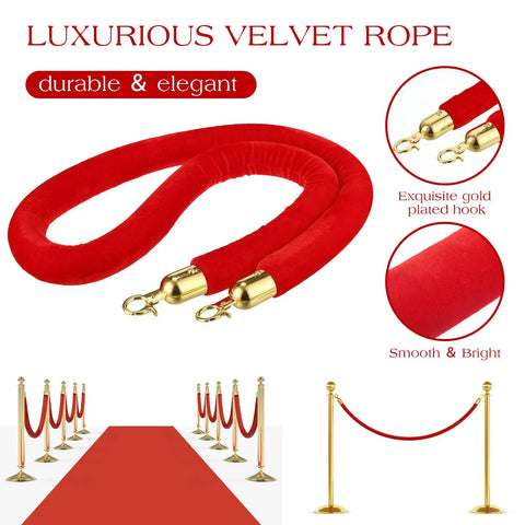 Image of Six Pack Velvet Stanchion Rope Red Carpet Set With Gold Hooks 5 Foot Crowd Control Velvet Ropes For Events Theaters Grand Openings Hotels Graduation Parties Party Ready Barrier Kit displayed with gold hooks and smooth texture highlights.