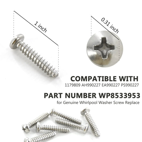 Whirlpool Driven Hub Washer Screw Kit For Replacement, 6 Piece Set, WP8533953 8533953 1179809 AH990227 EA990227 PS990227, Ultra Durable Metal Hardware For Quick, Reliable Washer Repair, 1-inch screw