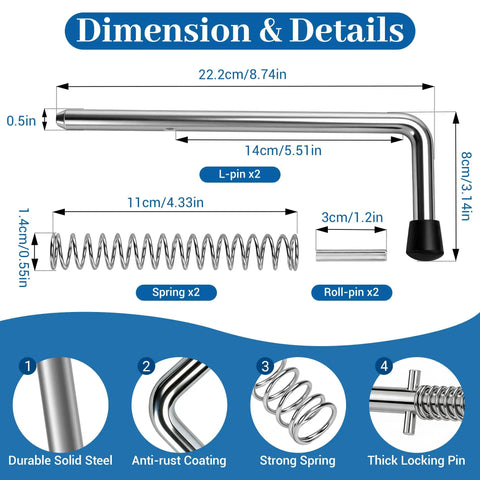 Quality Life 819T Trailer Gate Spring Pin Latch Kit 8.5in Black-2pack showing dimensions and details of components.