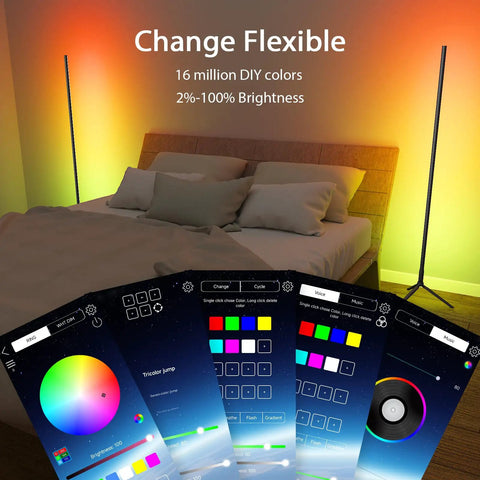 Smart RGB LED Floor Lamp With App And Remote Control, 49 Inch Corner Light displaying color options in bedroom setup.