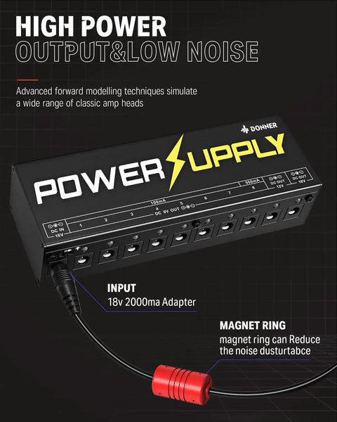 DP-1 Guitar Pedal Power Supply With 10 Isolated Outputs for 9V 12V and 18V Effects Noise Reduction Circuit Lightweight Aluminum Housing Perfect Pedalboard Hub for Studio and Live Gigs. Black aluminum power supply with 10 outputs, 18V input cable and noise-reduction ring.
