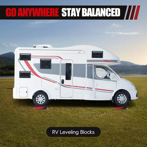 RV Camper Leveling Kit for Dual Axle Rigs with Curved Levelers Ramp 2 Wheel Chocks 2 Anti Slip Mats and Carry Bag for Travel Trailers and Motorhomes Plus used with motorhome on grass