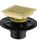 4 Inch Square Shower Drain With Adjustable Base Flange In SUS 304 Stainless Steel Removable Grid Cover Sleek Brushed Gold Finish