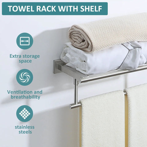 Double Bar 24 Inch Wall Mounted Towel Rack In Brushed Nickel SUS304 Stainless Steel Bathroom Towel Holder with two towels and shelf