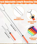Must Have Eight Piece Campfire Gear Set With Six 34 Inch Smores Sticks A 32 Inch Campfire Poker A 25 Inch Fireplace Tong And A Hot Dog Fork For Safe Backyard Fire Pit Cooking And Grilling visible with colorful handles and stainless steel construction.