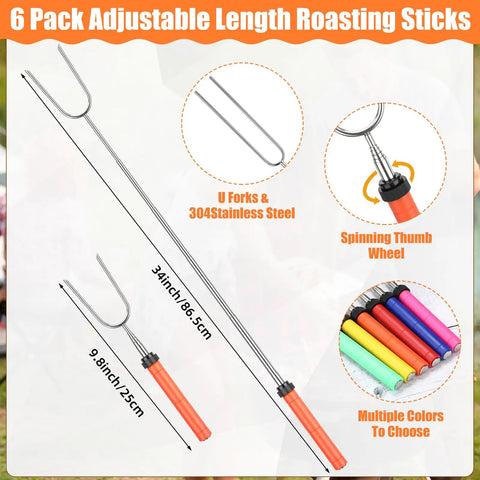 Must Have Eight Piece Campfire Gear Set With Six 34 Inch Smores Sticks A 32 Inch Campfire Poker A 25 Inch Fireplace Tong And A Hot Dog Fork For Safe Backyard Fire Pit Cooking And Grilling visible with colorful handles and stainless steel construction.