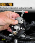 Pro Grade Auto Wiper Arm Puller And Battery Terminal Tool in use, showing adjustable design removing stuck battery terminal.