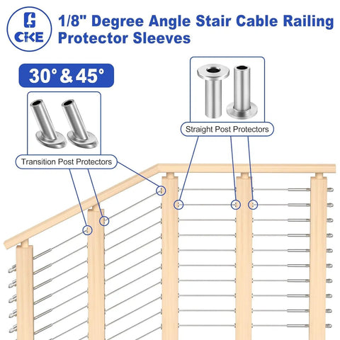 Illustration of 80 Pack Stainless Steel Protector Sleeves for One Eighth Inch Wire Rope Cable Railing showing transition and straight post protectors.