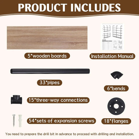 Industrial Pipe Shelf Five Tier 72 Inch Floating Pipe Book Shelves components with iron pipes, wood boards, screws, and manual