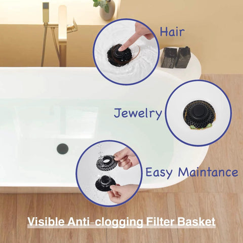 2 Pack Tub Drain Stopper With Removable Hair Catcher, Pop Up Shower Plug Fits 1.38 To 1.8 Inch Holes, Stainless Steel Filter Stops Blockages Dead In Their Tracks For Effortless Drainage with visible anti-clog filter basket.