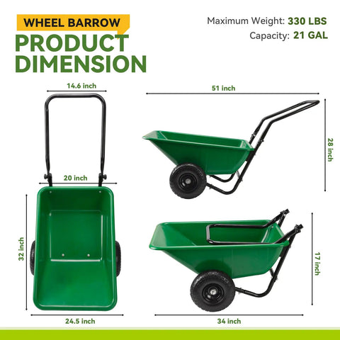 Foldable Handle Two Wheel Garden Cart With Ten Inch Pneumatic Tires Heavy Duty Yard Wagon dimensions and design.