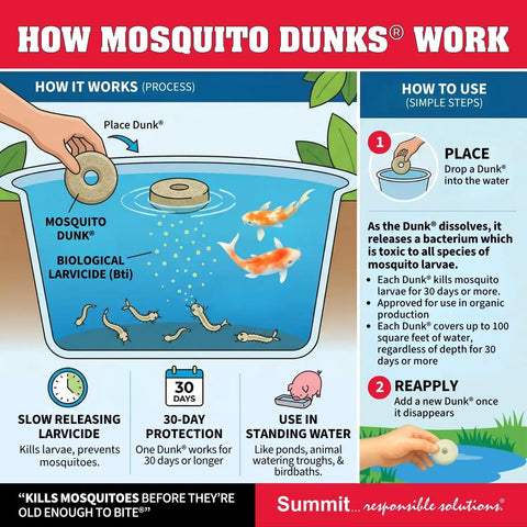 Illustration explaining how Organic Mosquito Dunk Larvicide works in water, safe for ponds and bird baths.