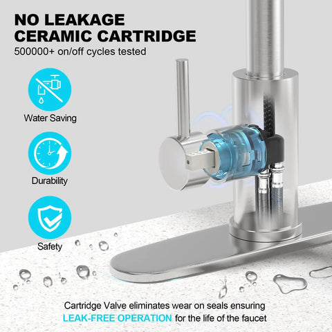 Top Tier Kitchen Sink Faucet Featuring A Smooth Pull Down Sprayer Integrated Soap Dispenser And Heavy Duty Brushed Finish close-up of no-leak ceramic cartridge.