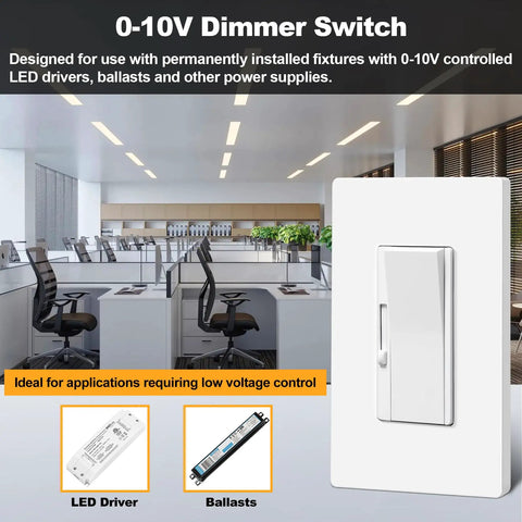 0-10V Dimmer Switch For Zero Fuss Single Pole Or Three Way Control Quiet Rocker Action in modern office setting.
