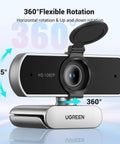 Full HD 1080P Webcam With Dual Noise Canceling Mics, 85 Degree FOV, Auto Light Correction, shown with privacy cover open.