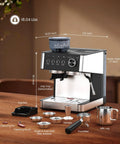 Barista Grade Home Espresso Machine With Built In Grinder And Anti Clog Path on a counter with accessories, gloss black