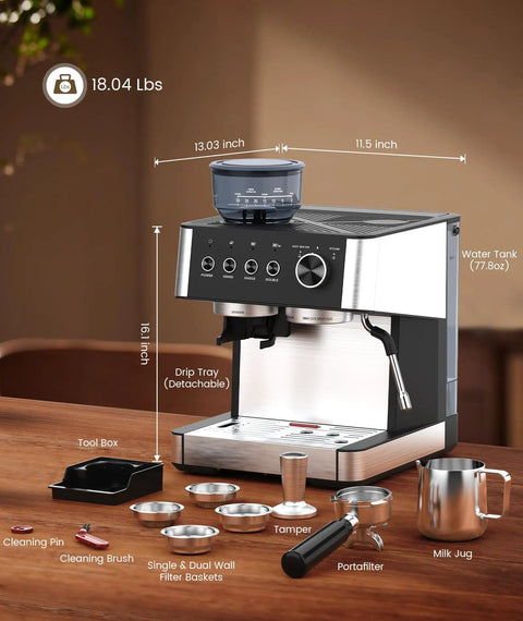 Barista Grade Home Espresso Machine With Built In Grinder And Anti Clog Path on a counter with accessories, gloss black