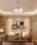 Ceiling Fan Light with Dimmable for Bedroom Living Room Kitchen Modern Gold, gold finish, acrylic lampshade in living room setting.