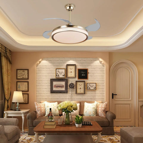 Ceiling Fan Light with Dimmable for Bedroom Living Room Kitchen Modern Gold, gold finish, acrylic lampshade in living room setting.