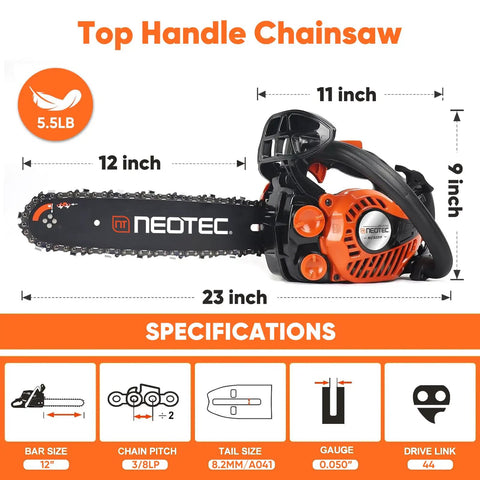 Orange and black 12 Inch Top Handle Gas Chainsaw With 25cc 2-Stroke Engine on white background with specifications shown.