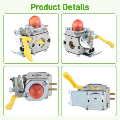 SST25 Carburetor Replacement For Featherlite Weedeater Trimmers Easy Swap For P1500 XT260 FL20 FL25 FL26 FX265 FX26S FX26SC MX550 MX557 TE475 P2500 Beefed Up Performance And Reliable Start Every Time, showing four views with yellow levers and red primer bulb.