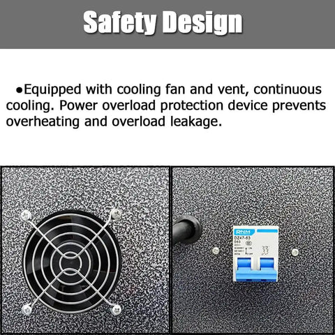 Heavy Hitter Industrial Heat Shrink Tunnel With Chain Conveyor And Digital Temp Control 220V 5.5KW safety design with cooling fan and overload protection.
