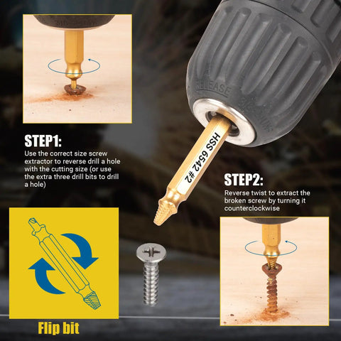 10 Piece Damaged Screw Extractor Set With 6 HSS 6542 Extractors And 4 Twist Drill Bits being used to extract a screw
