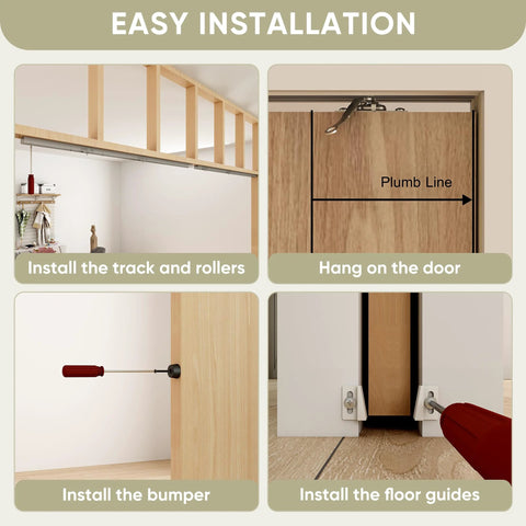 Image showing the installation steps of the 8 Ft Double Pocket Door Track Kit With Concealed Sliding System, Two 44.69 Inch Rails For 48 Inch Double Door Width.