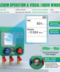 HVAC Digital Manifold Gauges Kit With Dual Pressure And Vacuum Tests, 92 Refrigerant Readouts, Hoses, R22 R134a R410a Compatibility, 1/4 Inch SAE Interface, Portable Hook, Leak Test And Refrigerant Fill; green digital gauge display