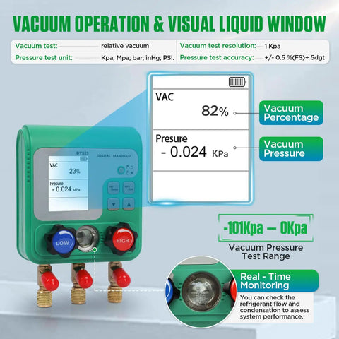 HVAC Digital Manifold Gauges Kit With Dual Pressure And Vacuum Tests, 92 Refrigerant Readouts, Hoses, R22 R134a R410a Compatibility, 1/4 Inch SAE Interface, Portable Hook, Leak Test And Refrigerant Fill; green digital gauge display
