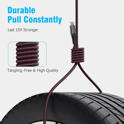 Two Pack 10 Ft iPhone Charger Cables Lightning USB Charging Wires Long For iPhone 14 13 12 11 Pro Max XR XS X 8 Plus 7 6 5 SE And iPad Air Mini Pad Pro MFi Certified Fast Charging No Tangle Durable Cord, braided cable close-up