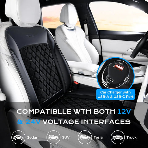 Chill Out Behind The Wheel With This Universal Fit Ventilated Car Seat Cover Packing Quick Three Speed Cooling Fans And Super Breezy Leather Mesh That Keeps You Crisp And Comfy All Summer Long, installed on a car seat with USB charger.