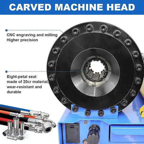 Close-up of the carved machine head of the Manual Hydraulic Hose Crimping Machine With Eight Precision Dies.