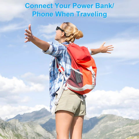 Woman with red backpack and sunglasses in mountains using 3.9Ft Type C Charging Cable For Ray Ban Meta Wayfarer Skyler Headliner Gen 2