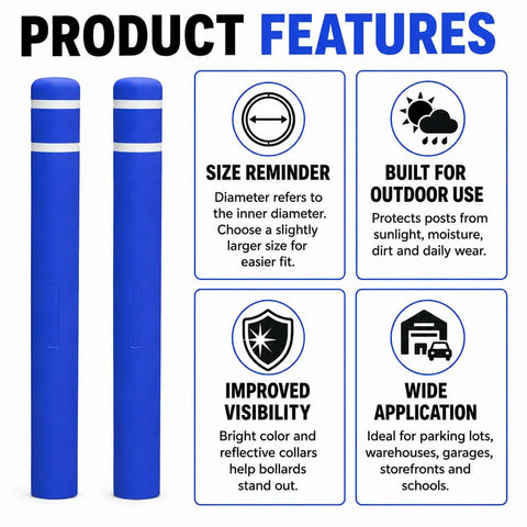 Heavy Duty Blue Safety Bollard Cover 6 Inch Diameter X 46 Inch With High Visibility Reflective Tape Weatherproof Post Sleeve features overview