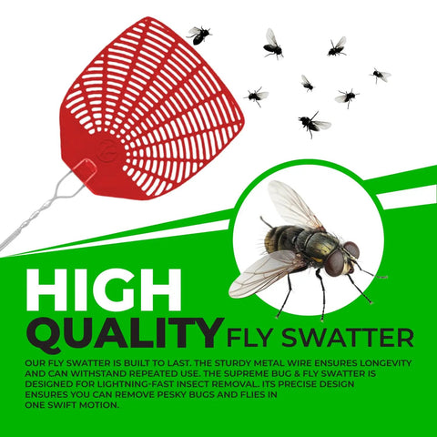 Red fly swatter with braided metal handle next to flies, Bug And Fly Swatter 6 Pack With Braided Metal Handles, Colorful No Fuss Fly Swatters For Indoor Outdoor Use, Heavy Duty Kitchen Patio Bug Killer For Mosquitoes Spiders Wasps And Other Creepy Crawlers.