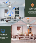FUMLTP 52 inch Modern Ceiling Fans with Lights APP/Remote Control, Nickel, showcasing airflow directions for summer and winter.