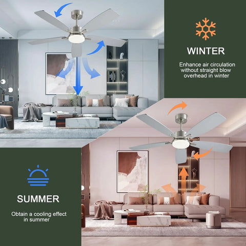 FUMLTP 52 inch Modern Ceiling Fans with Lights APP/Remote Control, Nickel, showcasing airflow directions for summer and winter.