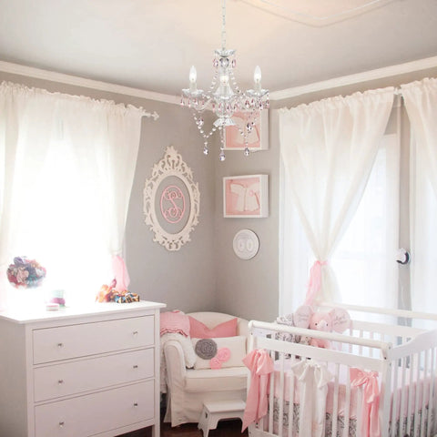 Plug In Mini Crystal Chandelier For Girls Room White And Pink With Sparkling Crystal Drops 3 Light Hanging Lamp For Bedroom